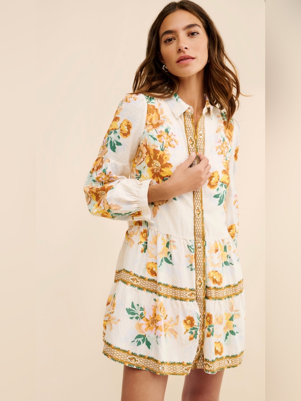Anthropologie Panel Print Mini Shirtdress in Yellow Floral Print, Size XS